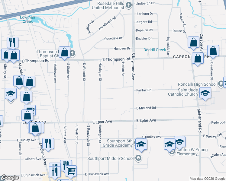map of restaurants, bars, coffee shops, grocery stores, and more near 2103 Fairfax Road in Indianapolis