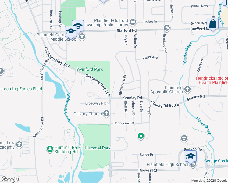map of restaurants, bars, coffee shops, grocery stores, and more near 1113 Valley View Drive in Plainfield