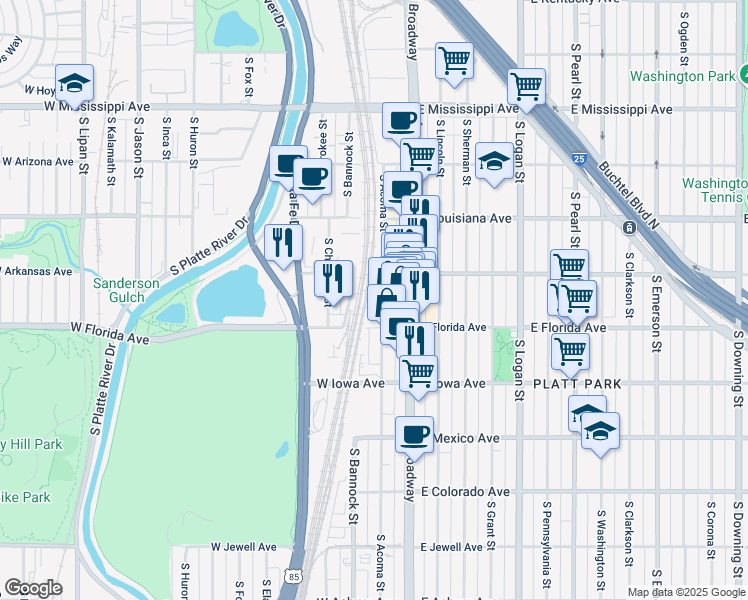 map of restaurants, bars, coffee shops, grocery stores, and more near 1475 South Acoma Street in Denver