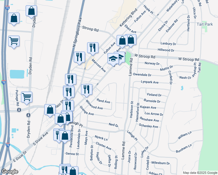 map of restaurants, bars, coffee shops, grocery stores, and more near 1013 Champion Oak Court in Dayton