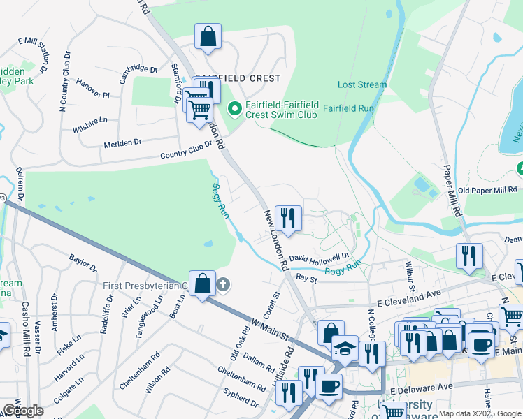 map of restaurants, bars, coffee shops, grocery stores, and more near 315 New London Road in Newark