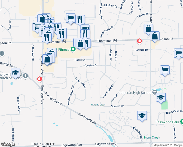 map of restaurants, bars, coffee shops, grocery stores, and more near 5429 Pecos Court in Indianapolis