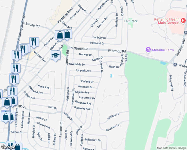 map of restaurants, bars, coffee shops, grocery stores, and more near 2136 Terrylynn Avenue in Dayton
