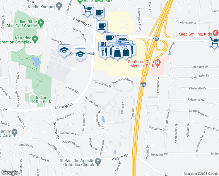 map of restaurants, bars, coffee shops, grocery stores, and more near 4488 Stonecastle Drive in Beavercreek