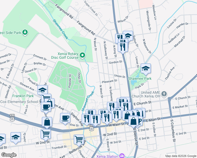 map of restaurants, bars, coffee shops, grocery stores, and more near 410 North West Street in Xenia