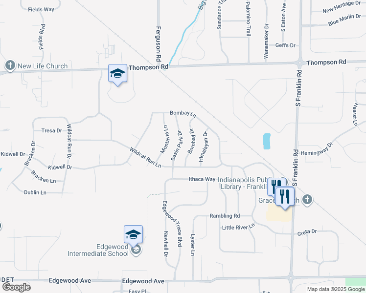 map of restaurants, bars, coffee shops, grocery stores, and more near 5412 Bombay Drive in Indianapolis