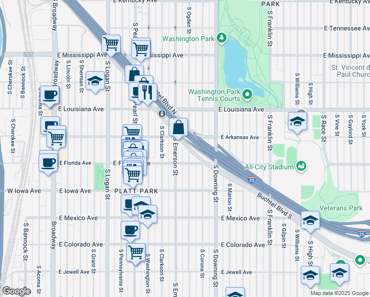 map of restaurants, bars, coffee shops, grocery stores, and more near 1461 South Ogden Street in Denver