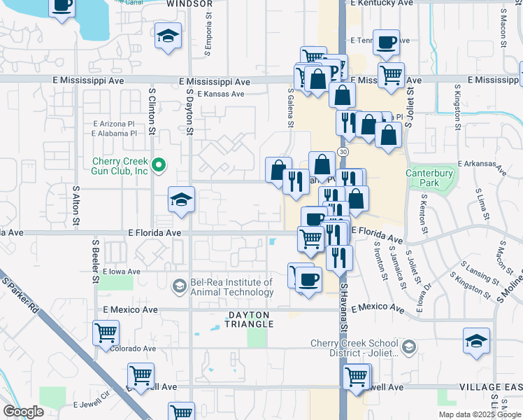 map of restaurants, bars, coffee shops, grocery stores, and more near 10011 East Carolina Drive in Denver