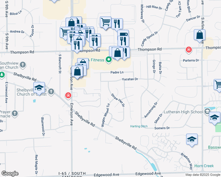 map of restaurants, bars, coffee shops, grocery stores, and more near 5249 Straw Hat Drive in Indianapolis