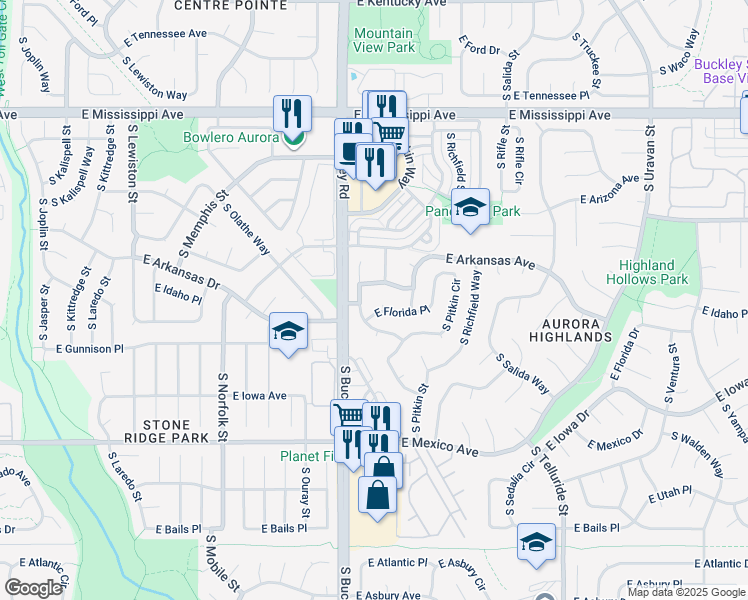 map of restaurants, bars, coffee shops, grocery stores, and more near 1486 South Pagosa Street in Aurora