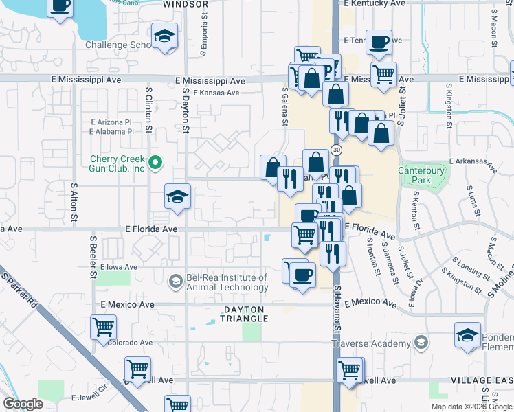 map of restaurants, bars, coffee shops, grocery stores, and more near 10011 East Carolina Drive in Denver