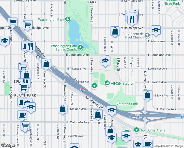 map of restaurants, bars, coffee shops, grocery stores, and more near 1450 South Franklin Street in Denver