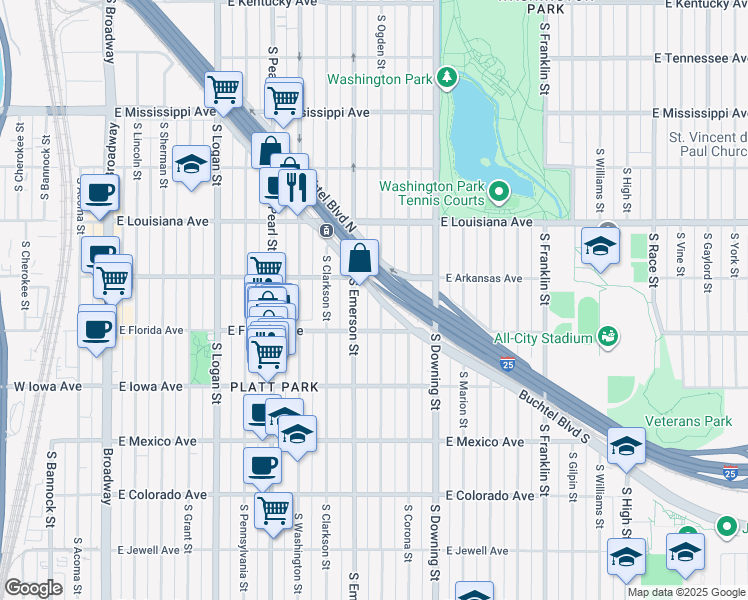 map of restaurants, bars, coffee shops, grocery stores, and more near 1461 South Ogden Street in Denver