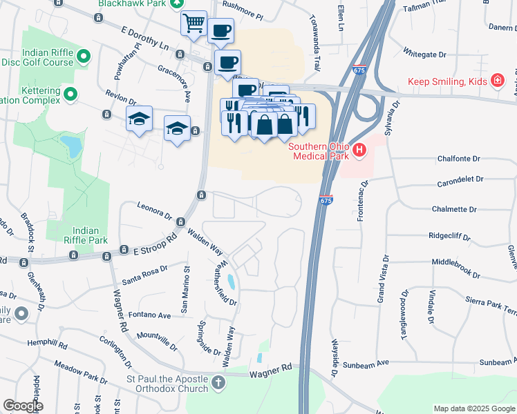 map of restaurants, bars, coffee shops, grocery stores, and more near 4488 Stonecastle Drive in Beavercreek