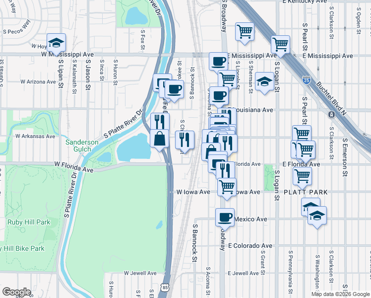 map of restaurants, bars, coffee shops, grocery stores, and more near 1468c South Cherokee Street in Denver