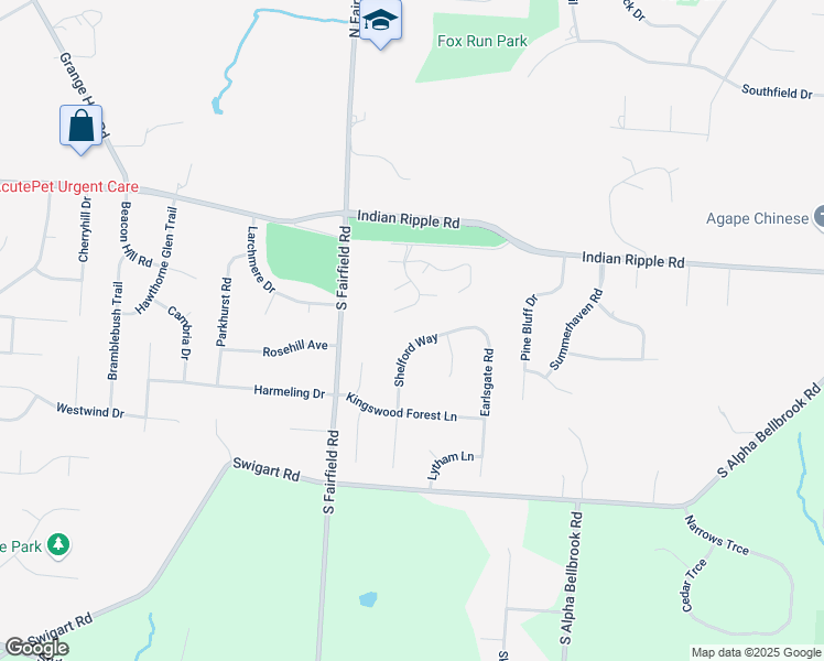 map of restaurants, bars, coffee shops, grocery stores, and more near 96 Shelford Way in Dayton