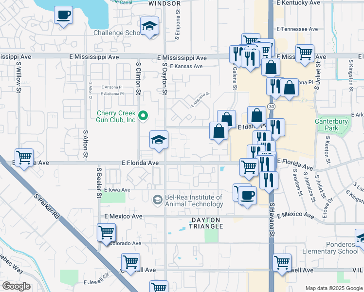 map of restaurants, bars, coffee shops, grocery stores, and more near 1468 South Dayton Circle in Denver