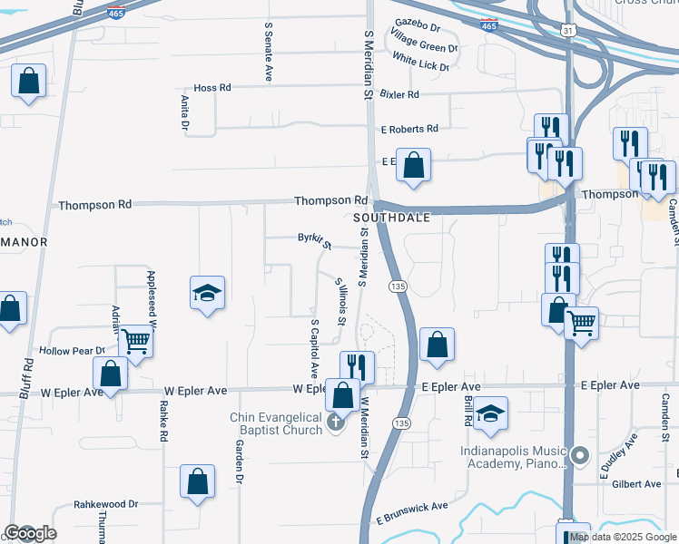 map of restaurants, bars, coffee shops, grocery stores, and more near 5230 South Illinois Street in Indianapolis
