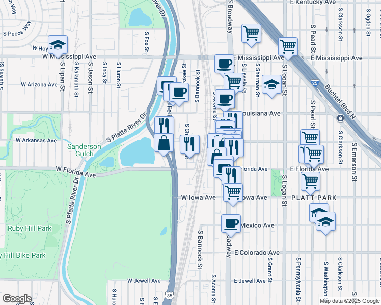 map of restaurants, bars, coffee shops, grocery stores, and more near 1468c South Cherokee Street in Denver
