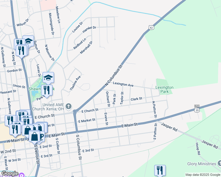 map of restaurants, bars, coffee shops, grocery stores, and more near 276 Orchard Street in Xenia