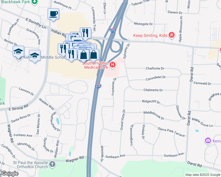 map of restaurants, bars, coffee shops, grocery stores, and more near 4313 Chantel Drive in Dayton