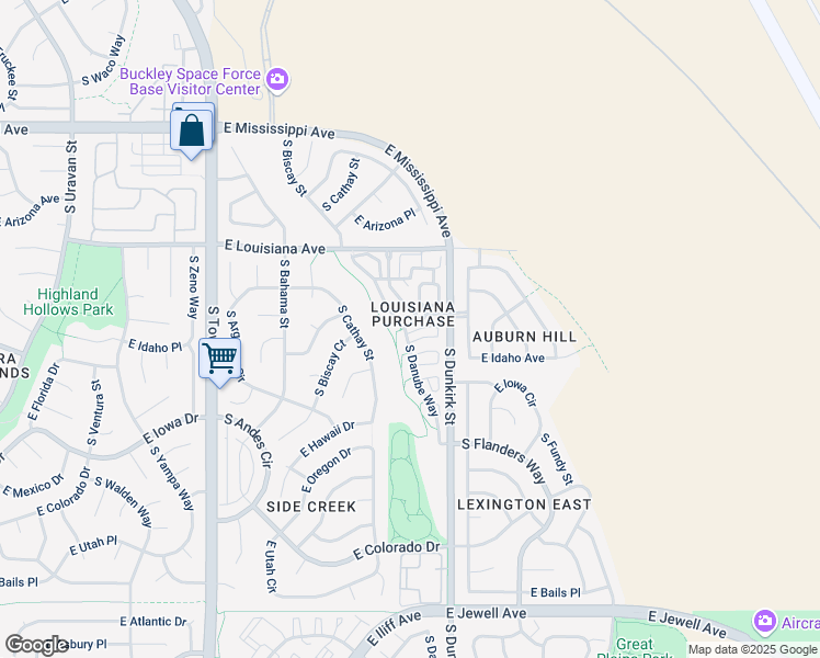 map of restaurants, bars, coffee shops, grocery stores, and more near 19216 East Idaho Place in Aurora