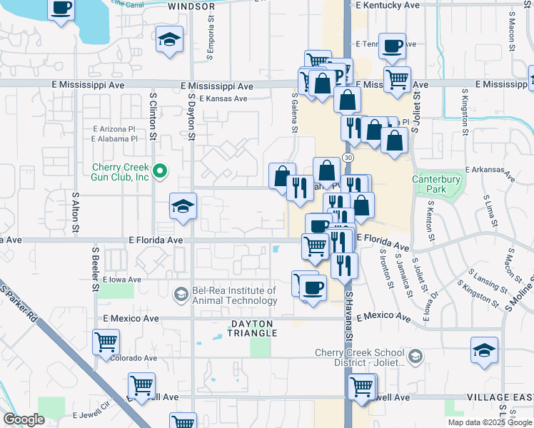 map of restaurants, bars, coffee shops, grocery stores, and more near 10011 East Carolina Drive in Denver