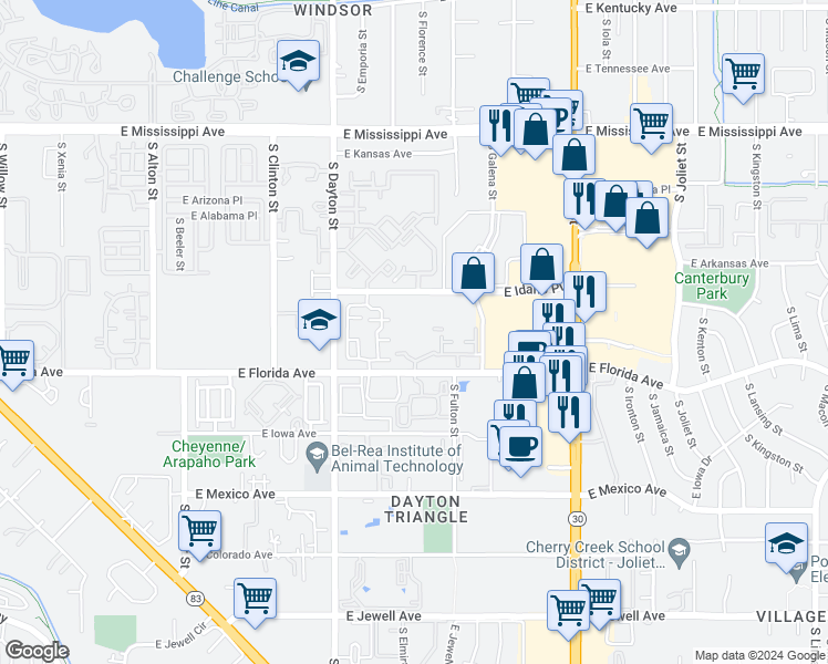 map of restaurants, bars, coffee shops, grocery stores, and more near 9913 East Carolina Circle in Denver