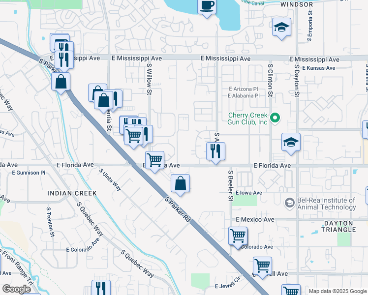 map of restaurants, bars, coffee shops, grocery stores, and more near 8841 East Florida Avenue in Denver