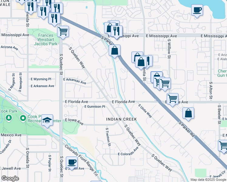map of restaurants, bars, coffee shops, grocery stores, and more near 16 South Quebec Way in Denver