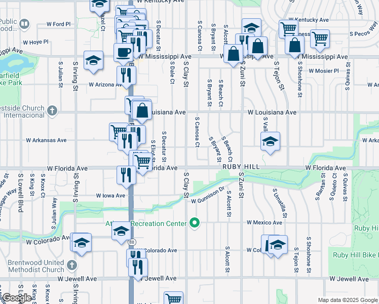 map of restaurants, bars, coffee shops, grocery stores, and more near 1467 South Canosa Court in Denver