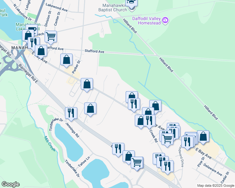 map of restaurants, bars, coffee shops, grocery stores, and more near 363 East Bay Avenue in Stafford Township