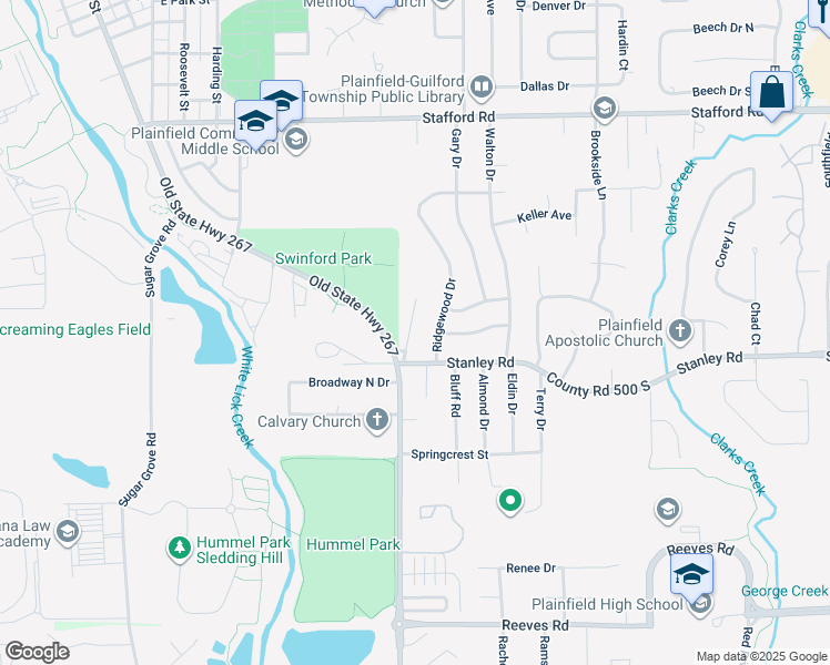 map of restaurants, bars, coffee shops, grocery stores, and more near 1113 Valley View Drive in Plainfield