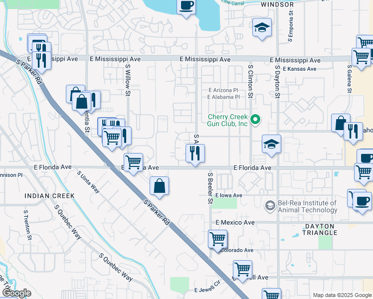 map of restaurants, bars, coffee shops, grocery stores, and more near 8965 East Florida Avenue in Denver
