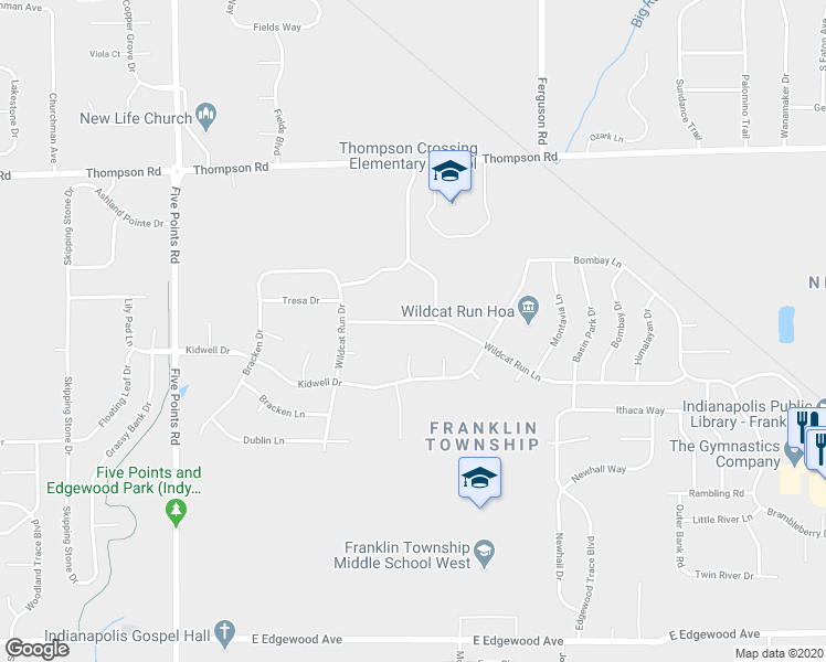 map of restaurants, bars, coffee shops, grocery stores, and more near 7443 Wildcat Run Lane in Indianapolis