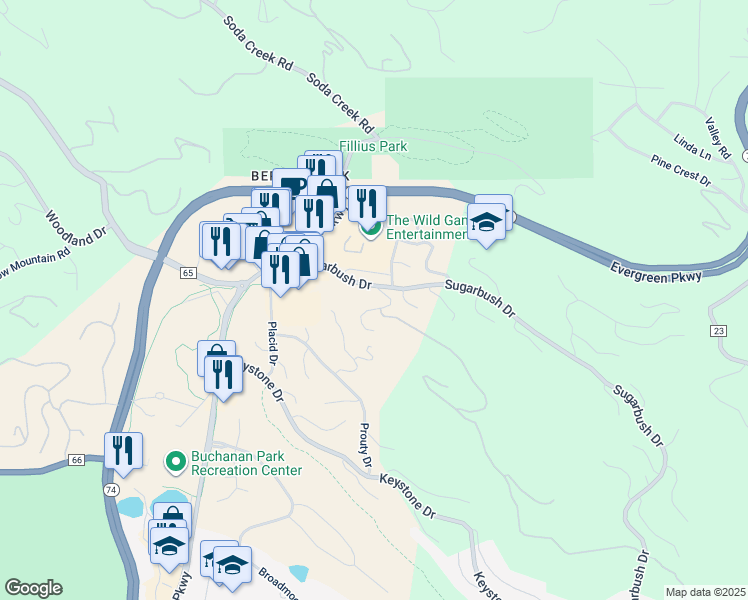 map of restaurants, bars, coffee shops, grocery stores, and more near 31223 Sugarhill Lane in Evergreen