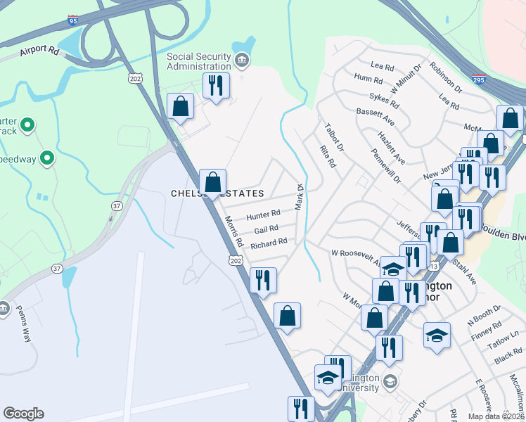 map of restaurants, bars, coffee shops, grocery stores, and more near 19 Gail Road in Wilmington Manor