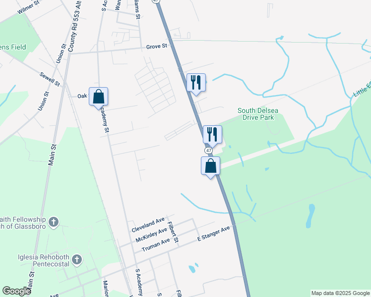 map of restaurants, bars, coffee shops, grocery stores, and more near 149 Delsea Drive South in Glassboro