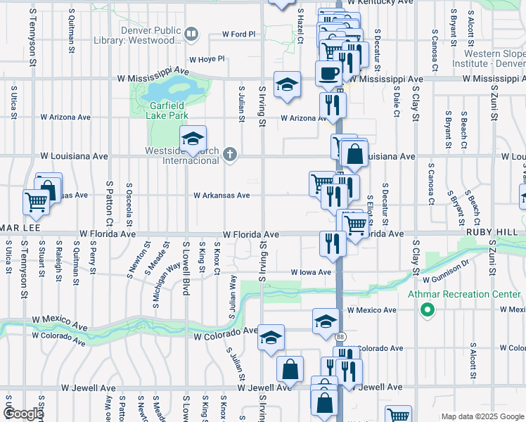 map of restaurants, bars, coffee shops, grocery stores, and more near 1475 South Irving Street in Denver