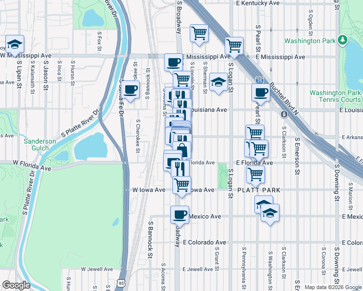map of restaurants, bars, coffee shops, grocery stores, and more near 1473 South Lincoln Street in Denver