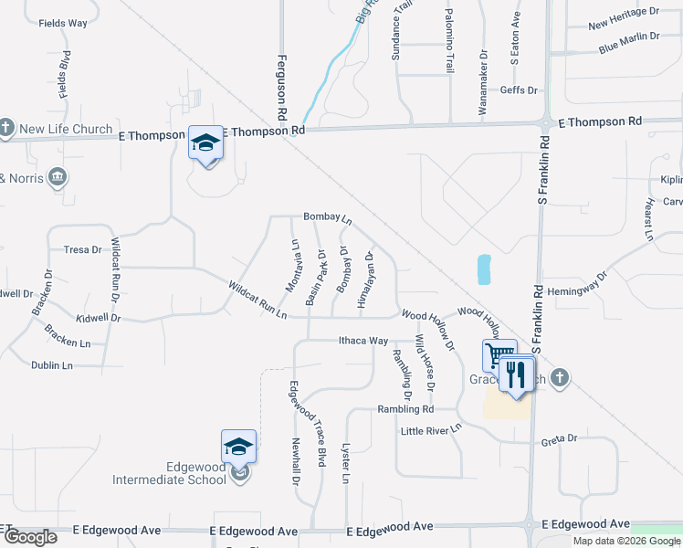 map of restaurants, bars, coffee shops, grocery stores, and more near 5412 Bombay Drive in Indianapolis
