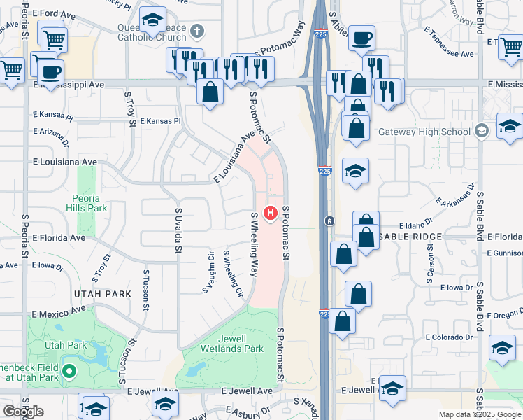 map of restaurants, bars, coffee shops, grocery stores, and more near 1421 S Potomac St in Aurora