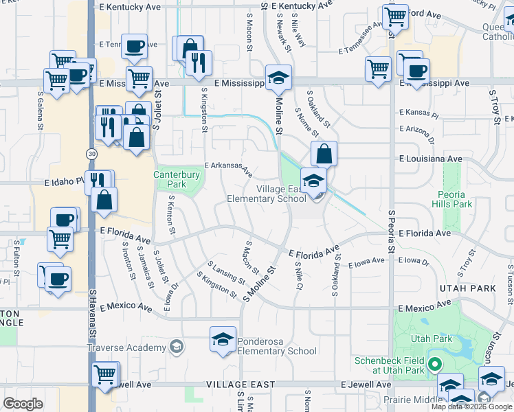 map of restaurants, bars, coffee shops, grocery stores, and more near 1492 South Macon Street in Aurora