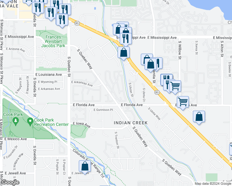 map of restaurants, bars, coffee shops, grocery stores, and more near 16 South Quebec Way in Denver
