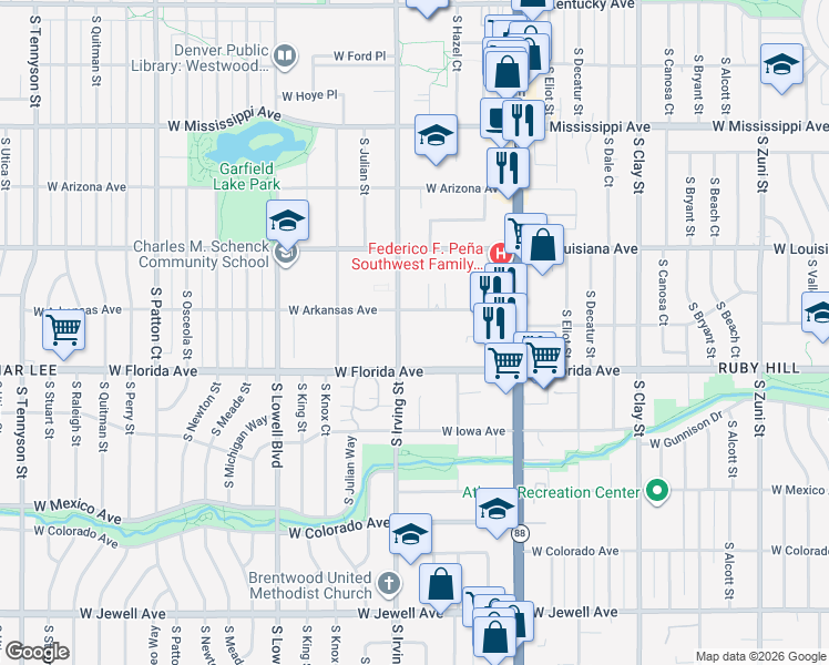 map of restaurants, bars, coffee shops, grocery stores, and more near 3255 West Florida Avenue in Denver