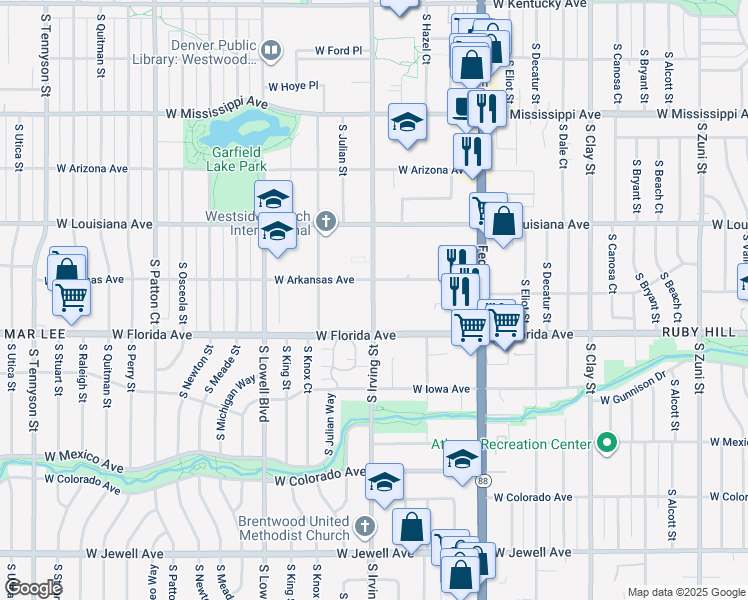map of restaurants, bars, coffee shops, grocery stores, and more near 1475 South Irving Street in Denver