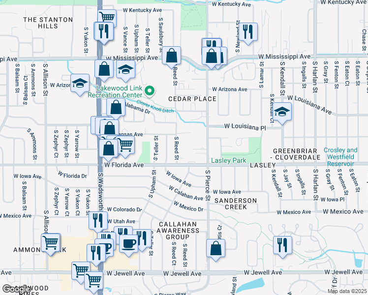 map of restaurants, bars, coffee shops, grocery stores, and more near 1490 South Reed Street in Lakewood