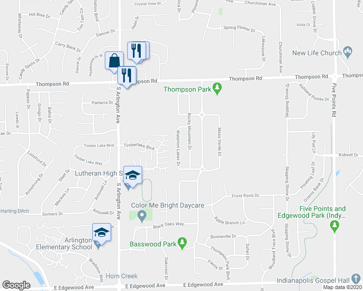 map of restaurants, bars, coffee shops, grocery stores, and more near 5335 Waterton Lakes Drive in Indianapolis