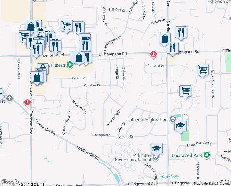map of restaurants, bars, coffee shops, grocery stores, and more near 5531 Lunsford Drive in Indianapolis