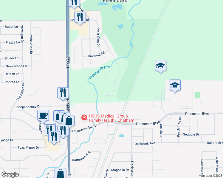 map of restaurants, bars, coffee shops, grocery stores, and more near 7621 Wentworth Drive in Springfield